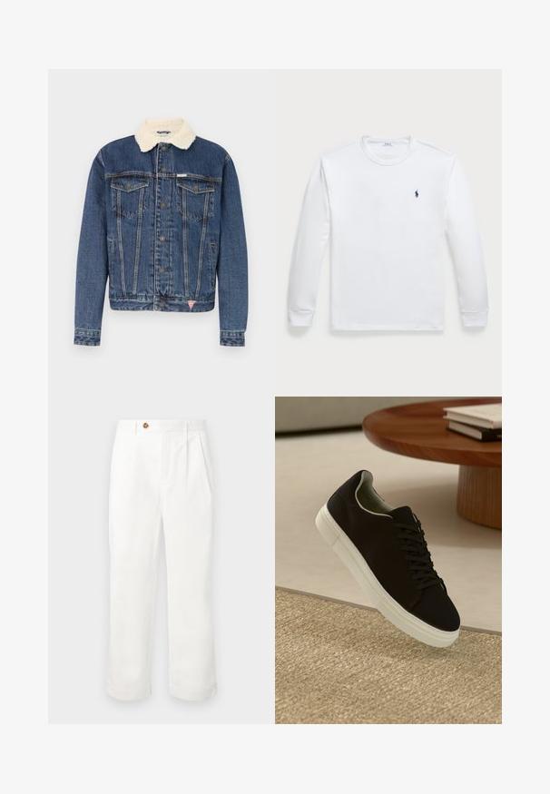 Tumesinine teksajakk, millel on kunstkarvane kaelus. Omab kahte rinna taskut, nööbikinnitusi ja heledat pesu. Struktureeritud lõige.; Pikend varrukatega valge T-särk, mis on valmistatud puuvillast. T-särgil on ümmargune kaelus ja vasakul rinna poolel väike meri logo. Sile tekstuur, lihtne disain.; Valged puuvillased püksid sirge lõikega, millel on kaks esist kumerust, üks nööbiga kinnitamine ja küljetaskud. Sile tekstuur.; Mustad musta tossuga valge tallaga, mis hõljub beeži tekstuuriga vaiba kohal, ümaral puidust laual, mille peal on kokku virnastatud raamatud.