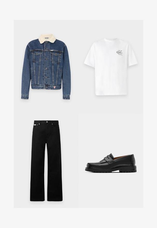 Tumesinine teksajakk, millel on kunstkarvane kaelus. Omab kahte rinna taskut, nööbikinnitusi ja heledat pesu. Struktureeritud lõige.; Valge puuvillane T-särk lühikeste varrukatega, ümmarguse kaelusega, mille vasakul rinnal on must CK logo, tavaprofiil, sile tekstuur.; Mustadest denimist püksid laiade jalgadega, viie tasku ja metallist nööpidega. Sile tekstuur, nähtavad mustrid puuduvad.; Mustad mustad nahast kingad on varustatud tõstetud õmblusega, kahe dekoratiivse rihmaga peal, ja paksu tekstuuriga tallaga paremaks haardeks.