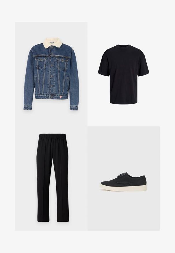 Tumši zilas džinsu jaka ar mākslīgās kažokādas apkakli. Iespējas: divas krūšu kabatas, pogu aizdare un gaismas mazgāšanas akcenti. Strukturēta piegriezte.; Melns kokvilnas T-krekls ar apaļu kakla izgriezumu, īsām piedurknēm un brīvu piegriezumu. Gluda tekstūra un nav redzamu rakstu vai akcentu.; Melni elastīgi bikses ar taisnas kājas dizainu, ar gludu tekstūru un bez redzamām zīmēm vai detaļām.; Melna zamšā ar auklēm, ar noapaļotu purngalu, viegla krēmkrāsas zole un smalki zila šuvēšana akcentos augšējā daļā.