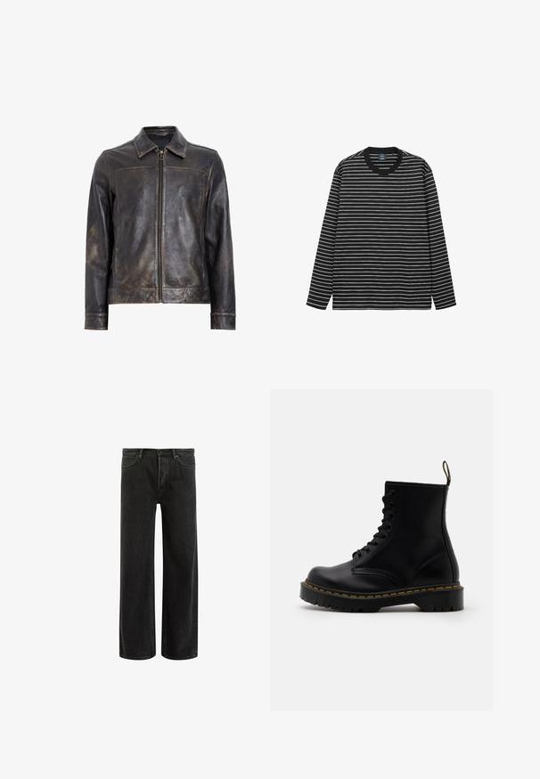 Jachetă din piele neagră cu închidere prin fermoar, guler înalt și o textură ușor uzată. Prezintă un accent hardware circular pe fermoar.; Tricou cu mânecă lungă, în dungi alb-negru, fabricat din bumbac moale. Are un guler rotund și un guler ribat negru în contrast.; Blugi negri din denim cu picioare largi și talie înaltă, având un design clasic cu cinci buzunare și ușoară decolorare pentru un aspect texturat.; Bocanci negri din piele, cu șireturi în față, cusături galbene, vârf rotunjit și o talpă groasă din cauciuc texturat.