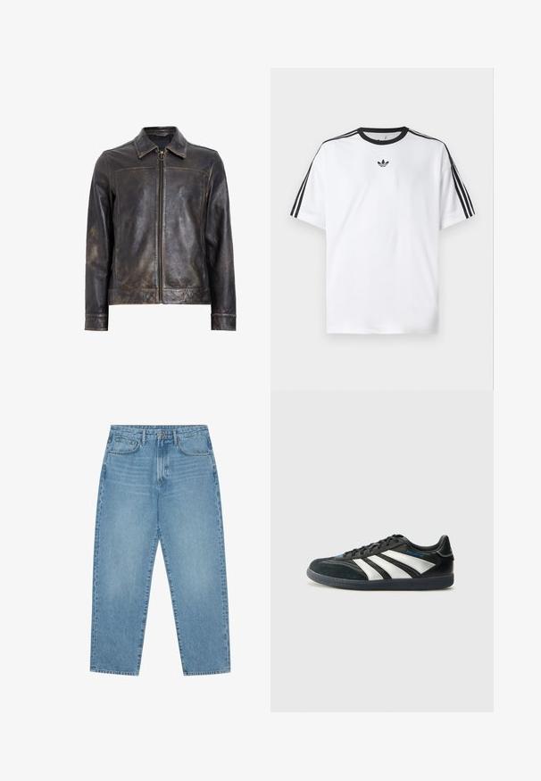 Zwarte leren jack met ritssluiting, opstaande kraag en subtiele verweerde textuur. Heeft een ronde hardware accent op de rits.; Witte T-shirt van katoen, met een zwarte ronde halslijn en drie zwarte strepen op elke schouder. Klein zwart logo op de borst.; Lichtblauwe denim wijde jeans met een hoge taille, voorzien van vijf zakken, riemlusjes en een zachte, licht vervaagde textuur.; adidas Performance PREDATOR FREESTYLE JUDE INDOOR FOOTBALL SHOES - Zaalvoetbalschoenen - core black/silver-coloured/glory blue