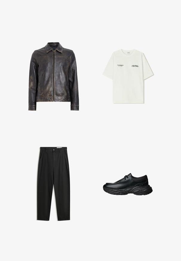 Svart läderjacka med dragkedjeöppning, ståkrage och subtilt slitet mönster. Har en cirkulär metalldetalj vid dragkedjan.; Vit bomullströja med korta ärmar. Framsidan har svart text: "INTE IMORGON INTE IDAG" och "KONSTEN ATT FLYTTA JORD" i grön skrivstil.; Svarta bomullsshorts med avslappnad passform, med en klassisk midja, framveck och sidfickor. Slät textur utan mönster.; Svarta läder slip-on skor med rund tå och tjock strukturerad gummisula. Har subtila sömmar och elastiska detaljer vid kragen.