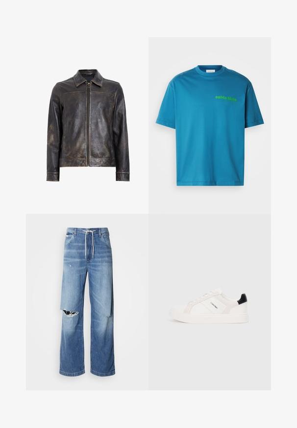 Mustad nahast jakk, millel on tõmblukk, seisev krae ja minimaalne kulunud tekstuur. Tõmbluku peal on ümmargune metallist lisand.; Tõrva värvi puuvillane T-särk, ümmargune kaelus, lühikesed varrukad, mille esiküljel on roheline "calvin klein" logo. Sile tekstuur.; Hele sinise denimist püksid laia lõikega, millel on valgest nöörist vöö ja eristuvad rebenemised ees, paljastades hargnevad servad.; Valge tossud heleda roosa ja musta aktsendiga, mis sisaldavad sileda naha ja nubukpaneele, ümarat varvust ja lamedat kummitalda.