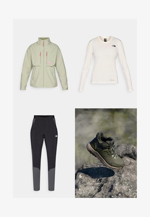 Jachetă verde deschis, cu fermoar, având guler înalt. Prezintă accente roz pe fermoar și două buzunare pe piept. Textură netedă și design modern.; The North Face SHADOW LONG SLEEVE - Bluză cu mânecă lungă - white dune; Pantaloni negri de exterior cu accente gri, având un design ajustat, talie elastică, buzunare cu fermoar și material durabil, ușor.; Pantof de drumeție verde măsliniu, cu un superior din plasă texturată, guler căptușit și talpă din cauciuc flexibil. Dispune de un sistem de șireturi sigur și accente de brand.