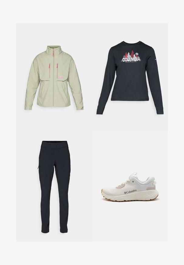 Svetlozelená, zipsová bunda s vysokým golierom. Obsahuje ružové detaily na zipsy a dve náprsné vrecká. Hladká textúra a moderný dizajn.; Dlhý rukáv, tmavošedá košeľa s grafikou červených stromov a hôr; logo "COLUMBIA" v tučnom bielom texte. Mäkká tkanina, štandardný okrúhly výstrih.; Čierne športové nohavice so slim fit strihom, elastickým pásom a bočnou vreckou so zipsom. Hladká, elastická tkanina s minimálnymi švami.; Ľahká športová obuv Columbia v bielej sieťovine s textúrovanou šedou podrážkou a gumovou trakciou. Obsahuje polstrovaný golier a dizajn na šnurovanie.