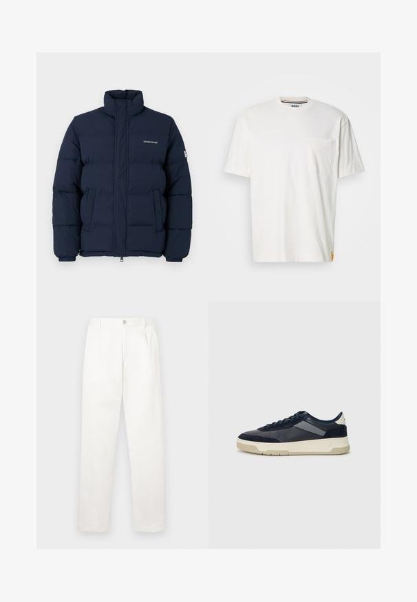 Tumesinine puhvjak märk, kõrge krae, lukuga sulgemine ja silmapaistev soonikmust; sisaldab rinda paigaldatud logo ja elastseid mansette.; Valge puuvillane t-särk ümmarguse kaelusega, lühikeste varrukatega ja vasakul rinnataskuga. Ääristab väike logo silt külgõmblusel.; Valged püksid, mis on valmistatud siledast kangast, sirge jala disainiga, ees olevate voldidega ja ühekordse nupuga vöökohtadel.; BOSS BALTIMORE - Tossud - open blue