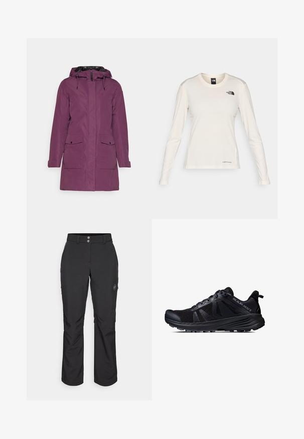 Parka impermeabile viola con cappuccio, dotata di chiusura con zip, due tasche anteriori e polsini regolabili per una vestibilità sicura.; The North Face SHADOW LONG SLEEVE - Maglietta a manica lunga - white dune; Pantaloni outdoor neri con taglio dritto, dotati di chiusura con bottone, tasche laterali con zip e una patch con logo sulla coscia sinistra.; Scarpe da trail running nere con tomaia in rete e suola in gomma. Presentano sovrapposizioni testurizzate, punta rinforzata e logo del marchio sul tallone.