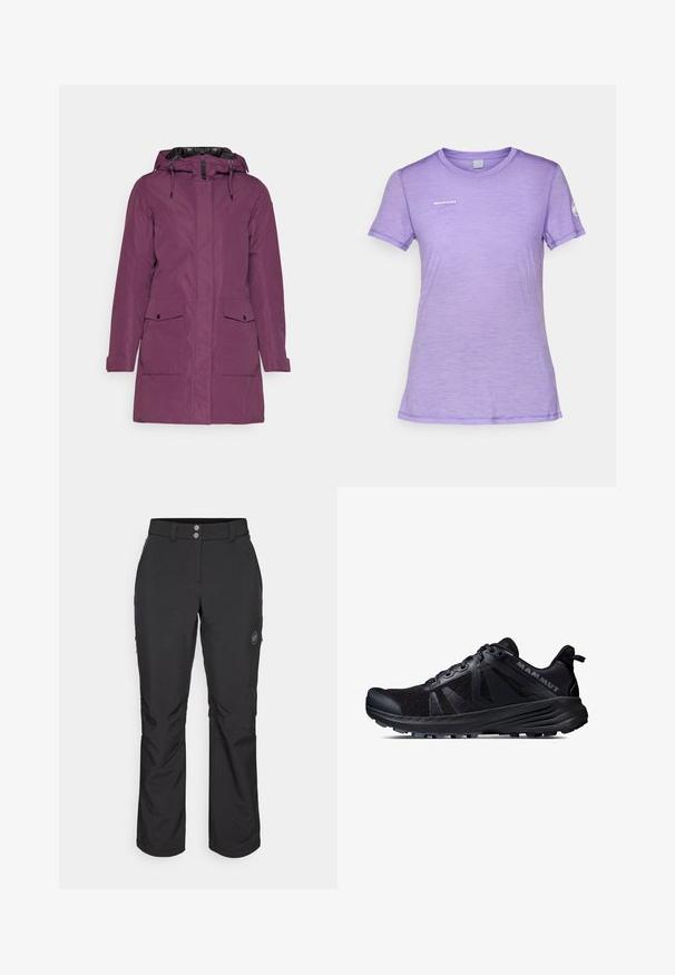 Lilla vanntett parkas med hette, med glidelås, to frontlommer og justerbare mansjetter for en sikker passform.; Lilla kortermet t-skjorte laget av et mykt, lett stoff. Har rund hals og "Mammut"-logo på brystet og ermet.; Svart utebukser med rett snitt, med knappelukking, glidelåslommer på siden, og et logomerket på venstre lår.; Svart terrengløpesko med mesh-overdel og gummisåle. Har teksturerte overlegg, forsterket tåhette og merkevarelogo på hælen.