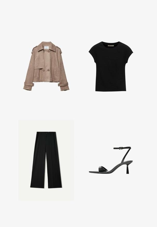 Beige semišová bunda s dvojitým zapínáním, širokým límcem a ramenními epoletami. Má velké knoflíky a manžety se sponou, střih do pasu.; Černé tričko s krátkým rukávem vyrobené z měkké tkaniny, s kulatým výstřihem a volným střihem, s hladkým povrchem a bez vzorů.; Bershka WIDE - Kalhoty - black; Bershka Sandály na vysokém podpatku - black