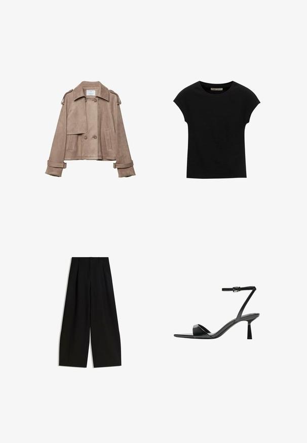 Bež suknja jakna s dvostrukim kopčanjem sprijeda, širokim ovratnikom i ramenskim epauletima. Ima velike gumbe i manžete s remenom, skraćeni dizajn.; Crna majica s kratkim rukavima od mekog materijala, s okruglim izrezom i opuštenim krojem, s glatkom teksturom i bez uzoraka.; Crne široke hlače izrađene od glatkog materijala, s visokim strukom, nabranim detaljima sprijeda i bez vidljivih ukrasa ili uzoraka.; Bershka Sandale s visokom petom - black