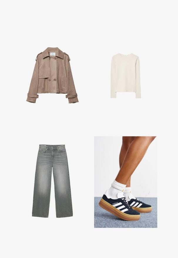 Bež suknja jakna s dvostrukim prednjim dijelom, širokim ovratnikom i epauletima na ramenima. Sadrži velike gumbe i manžetne s remenom, skraćeni dizajn.; Svetlo bež dolg rokav majica iz mehkega materiala, z okroglim izrezom in sproščenim krojem, ravnim robom ter minimalnimi šivi.; Sive široke kavbojke iz denima z rahlo zbledelim videzom, zasnovo petih žepov ter klasičnim gumbom in zadrgo.; Črni antilop superge z belimi črtami in poudarki, okrogel prst, gumijasti podplat, kombinirane z belimi rebrastimi nogavicami.