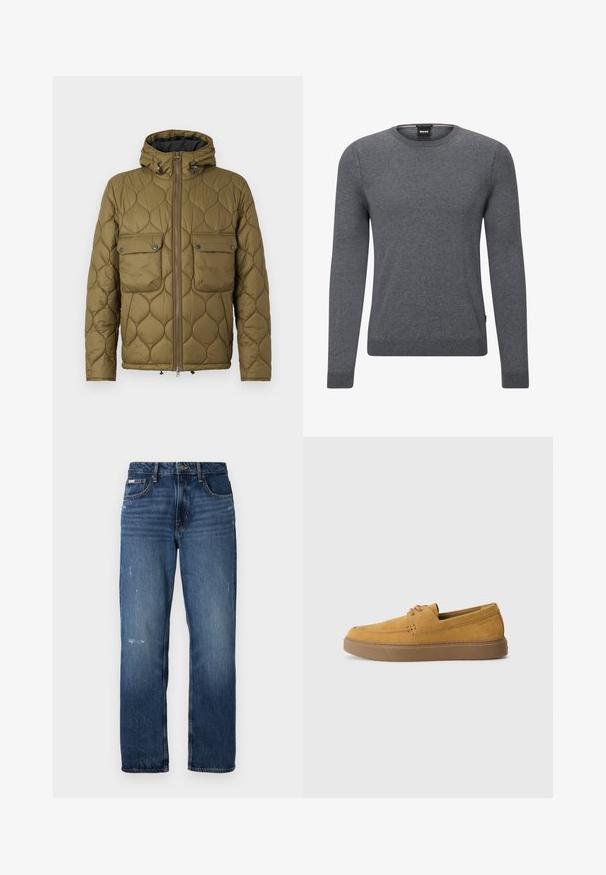 Olivgrüne gesteppte Jacke mit Kapuze, zwei Brusttaschen, Vorderreißverschluss und strukturiertem Muster. Weicher Stoff mit warmem Aussehen.; Grau gestrickter Rundhalspulli aus weichem Strickstoff. Er verfügt über lange Ärmel, gerippte Bündchen und Saum sowie ein kleines Logotag an der Seite.; Blaue Denim-Jeans mit geradem Bein. Sie verfügen über ausgewaschene Bereiche und leichte Abnutzungsspuren auf der Vorderseite sowie einen klassischen Knopfverschluss.; Braune Wildlederschlupfschuhe mit strukturierter Oberfläche, runder Zehenform und kontrastierender Gummisohle. Mit dezenter Markenkennzeichnung nahe der Ferse.