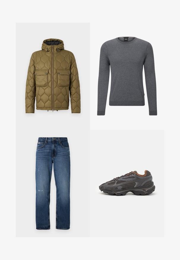 Olive rohelise värvi tikitud jope kapuutsiga, kahe rinna taskuga, esise lukuga ja tekstuuriga mustriga. Pehme kangas, mis näeb välja soe.; Hall modräge puuvillane sviitriga, mis on valmistatud pehmest kudumiskangast. Sellel on pikad varrukad, soonikkoes mansetid ja serv, ning küljes on väike logotagi.; Sinine denimist valmistatud sirge jala disainiga teksad. Esiosal on pleekinud alad ja kerge kulumine, klassikaline nupplukuga.; Tumed hallid Lacoste tossud, mis on valmistatud võrkkangast ja sünteetilisest materjalist, omavad tekstureeritud talla ning pruune aktsente kaeluse ja brändingu juures.