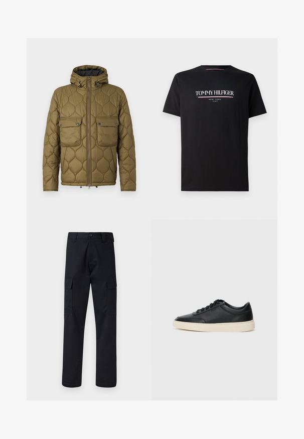 Olívazöld steppelt dzseki kapucnival, két mellzsebbel, elől cipzárral és texturált mintázattal. Puha anyag, meleg megjelenéssel.; Fekete pamut póló, fehér és színes "TOMMY HILFIGER" logóval, alatta kisebb betűkkel "NEW YORK" és "1985" felirattal. Rövid ujjú, kerek nyakú.; Fekete cargo nadrág, tartós anyagból készült, egyenes szárú fazonnal, két oldalsó zsebbel és gombos záródással a derékon.; Fekete, alacsony szárú bőrsneaker fekete fűzőkkel és törtfehér talppal, oldalnézetben, fehér háttér előtt.