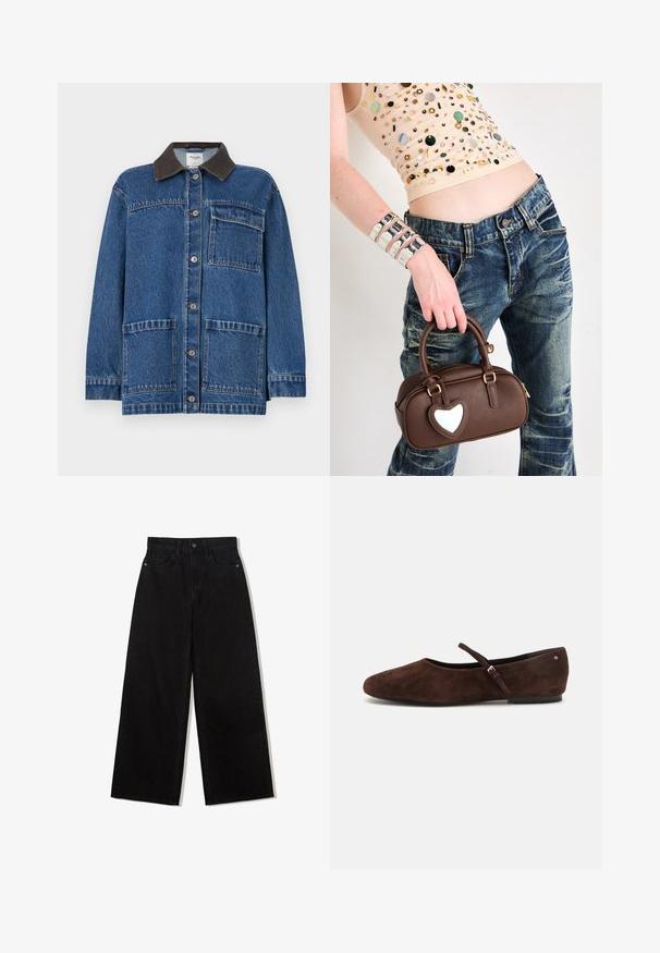 Sötétkék farmerdzseki barna gallérral, elöl gombos záródással, egy mellzsebbel és két alsó zsebbel. Klasszikus szabás, varrott részletezéssel.; Fehér, váll nélküli felső fodros díszítéssel, redőzött textúrával és rugalmas derékkal. Puha pamutanyagból készült.; Fekete, bő szárú farmernadrág magas derekú fazonnal, öt zsebes kialakítással és egy gombos záródással elöl.; Barna velúr balettcipők, lekerekített orral, egy kis állítható pánttal és lapos talppal. A dizájn zökkenőmentes, minimális díszítésekkel.; Barna bőrtáska szív alakú kiegészítővel, kerekített formával, arany színű fémrészekkel; egy kézben tartva; elhasználódott farmernadrággal és gyöngyökkel díszített toppal párosítva.