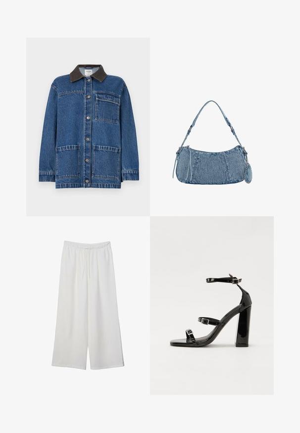 Džínová bunda v tmavomodrej farbe s hnedým golierom, predné zapínanie na gombíky, jedna náprsní vrecko a dve dolné vrecká. Klasický strih s prešitými detailami.; Biela krátka T-shirt s voľným strihom a zlaceným textúrou v oblasti pása. Vyrobená z mäkkého, ľahkého materiálu.; Biele široké nohavice z ľahkého materiálu s elastickým pásom a šnúrkou na nastavenie veľkosti. Hladká textúra.; Čierne lakované sandále na podpätku so štvorcovou špičkou, navlečenými remienkami okolo členku a striebornými prackami. Disponujú masívnym blokovým podpätkom pre stabilitu.; Džínová kabelka s zakriveným tvarom, svetlomodrej farby, so nastaviteľným popruhom na rameno a malým odnímateľným vreckom s kovovými detailmi.