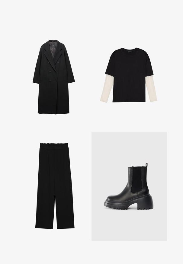 Zgornji del črnega plašča z dvojnim zapenjanjem, izdelanega iz mešanice volne. Opremljen je z velikimi obrnjenimi reverji, stranskimi žepi in rahlo večjim silhuetom.; Črna majica iz bombaža s kratkimi rokavi, ki pokriva belo dolgi rokav z subtilnim teksturiranim vzorcem. Oblika izrezanega vratu.; Črne široke hlače s nabranim pasom, ki imajo dva stranska žepa in so izdelane iz gladkega, lahkega blaga. Brez vidnih vzorcev ali kovinskega okova.; Črne usnjene gležnjarje z elastičnimi stranskimi paneli, debelim grobim podplatom in teksturiranimi blazinicami za oprijem na podplatu. Minimalističen dizajn.