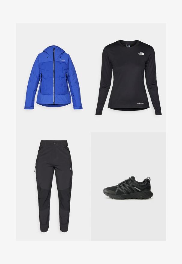 Columbia WILDCARD™ IV JACKET - Chaqueta de esquí - clematis blue; The North Face SHADOW LONG SLEEVE - Camiseta de manga larga - black; Pantalones exteriores negros hechos de tela duradera. Cuentan con bolsillos con cremallera, refuerzos en las rodillas y un diseño de corte recto para mayor movilidad.; Columbia PEAKFREAK - Zapatillas de senderismo - black