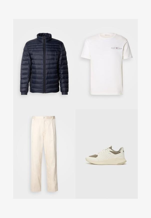 Casaco puffer azul-marinho com gola alta, design acolchoado, fecho frontal com zíper e punhos ribateados. Textura suave com uma aparência leve.; T-shirt de algodão branco com decote redondo, mangas curtas e logotipo impresso. Apresenta um design minimalista e um corte relaxado.; Calças de algodão bege com corte reto, apresentando um fecho de botão e pregas na frente para um detalhe adicional.; Sapatilha atlética branca e bege claro, com parte superior em malha, detalhes perfurados e uma entressola texturizada com marcação no calcanhar.