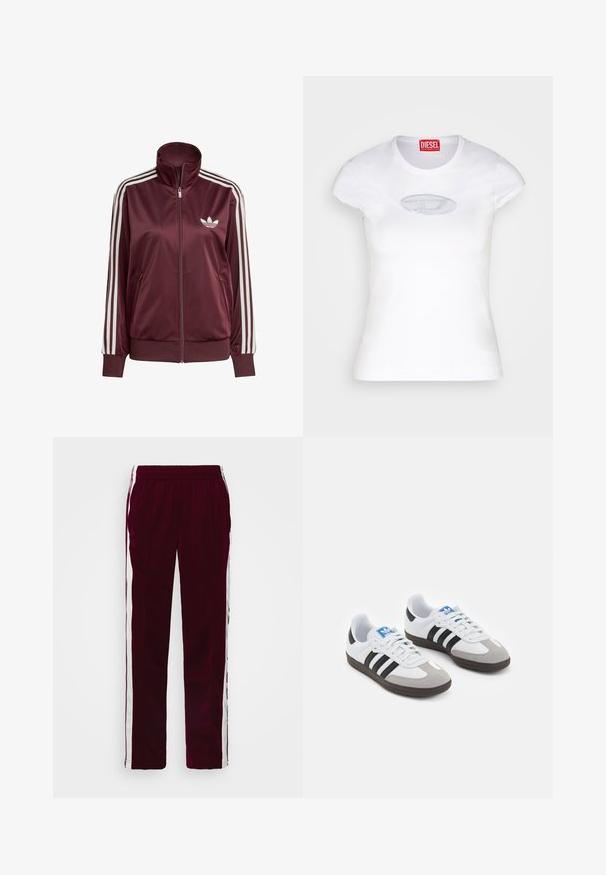 Chaqueta de satén burdeos con cuello alto, rayas laterales blancas, cierre con cremallera en la parte delantera y dos bolsillos laterales; presenta un pequeño logo blanco en el pecho.; Camiseta blanca ajustada de algodón, con escote redondo y mangas cortas, que presenta un logotipo bordado en azul claro en la parte delantera.; Pantalones deportivos burdeos con cintura ajustable, franjas laterales blancas y corte slim. Fabricados con un material suave y ligero.; Zapatillas deportivas con parte superior de piel blanca, puntera de ante gris y tres rayas negras. Presentan un logo azul en la lengüeta y una suela de goma texturizada.