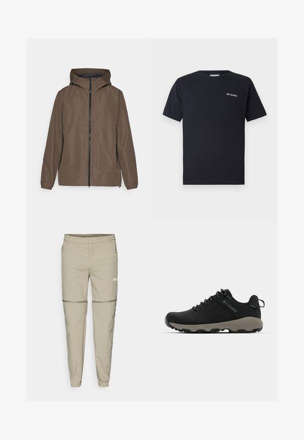 Giacca leggera marrone con cappuccio, zip frontale, polsini elastici e tasca sul petto. Realizzata in materiale liscio e resistente all'acqua.; T-shirt nero a maniche corte realizzato in cotone, con un piccolo logo bianco di Columbia sul lato sinistro del petto. Collo rotondo classico e vestibilità rilassata.; Pantaloni outdoor beige con zip removibile, vestibilità slim, texture morbida, tasche laterali con zip e un logo discreto sulla coscia sinistra.; Scarpa da trekking nera con tomaia liscia, design perforato, suola grigia e tallone rinforzato. Caratterizzata da lacci e un anello per una facile calzata.
