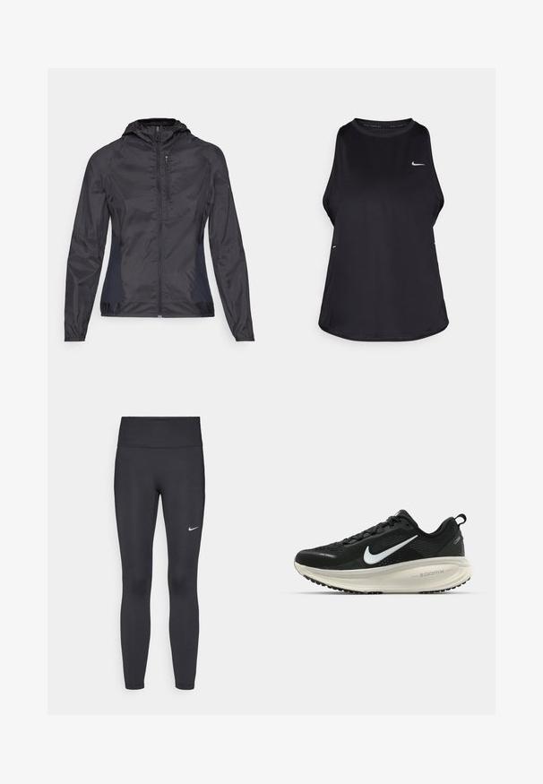 Windbreaker jacket in black with a hood, front zipper, elastic cuffs, and contrasting side panels. Smooth, lightweight fabric texture.; Black sleeveless running tank top made of lightweight material with a round neck; features a subtle logo and side slits for breathability.; Black leggings made of stretchy fabric, featuring a high waistband and a white Nike logo on the left thigh. Smooth texture, form-fitting design.; Black Nike running shoe with breathable mesh upper, white swoosh logo, textured detailing, and a cream-colored ZoomX midsole.