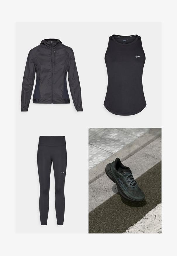 Vindjakke i svart med hette, frontglidelås, elastiske mansjetter og kontrasterende sidepaneler. Glatt, lett stoffstruktur.; Svart atletisk tanktopp laget av fukttransporterende materiale. Har rund hals, slim fit og hvit Nike-logo på brystet.; Sorte leggings laget av elastisk stoff, med høy livlinje og en hvit Nike-logo på venstre lår. Glatt tekstur, kroppsnær passform.; Svart løpesko med mesh-overdel, teksturerte detaljer og logo, med en polstret såle og grå snøringer, plassert på asfalt.