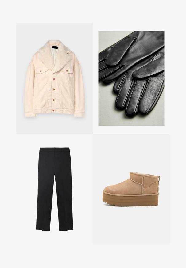 Jachetă din denim bej cu guler din blană sintetică, două buzunare pe piept și nasturi maro. Textura este moale, cu o potrivire lejeră și un finisaj neted.; Pulover crem cu guler înalt, cu tivuri și manșete texturate, din tricot moale, cu croială lejeră, slituri laterale și o parte din spate ușor mai lungă.; Pantaloni negri dintr-un material neted, cu un design drept, buzunare frontale și un tiv plat fără hardware sau embellishments vizibile.; Botine din suede bej, cu interior moale, având o talpă pe platformă și un tab de tragere în spate pentru o purtare ușoară. Talpă exterioară din cauciuc texturat.; Mănuși negre din piele cu textură netedă, având cusături pe degete și un design ajustat. Material moale și maleabil pentru confort.