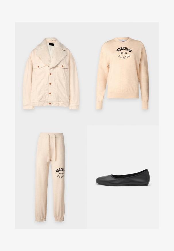 Beige denim jacket with a faux fur collar, two chest pockets, and brown buttons. The texture is soft with a relaxed fit and smooth finish.; Light beige sweater made of a soft knit, featuring a round neckline, long sleeves, and a black embroidered logo with the text "Moschino Jeans."; Beige sweatpants with elastic cuffs and waistband. Features a black printed logo "MOSCHINO 86 ❤ 23 JEANS" on the left thigh. Soft texture.; Black leather ballet flat with a rounded toe, smooth texture, minimal stitching detail, and a flexible sole design.