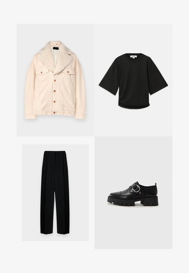 Beige denimjack met een faux fur kraag, twee borstzakken en bruine knoppen. De textuur is zacht met een relaxte pasvorm en een gladde afwerking.; Zwarte korte mouwen t-shirt van zachte katoen, met een ronde halslijn en een ontspannen pasvorm, voorzien van een subtiele geplooide detail aan de zijkant.; Zwarte wijde broek met een hoge taille, met plooien en een gladde textuur. De stof lijkt lichtgewicht en valt elegant.; Zwarte leren schoenen met een robuuste, geribbelde zool, voorzien van een ronde zilveren hardwareaccent en minimale stikdetails.