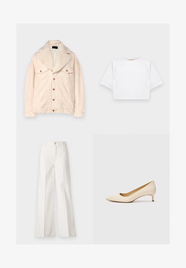 Jachetă din denim bej cu guler din blană sintetică, două buzunare pe piept și nasturi maro. Textura este moale, cu o potrivire lejeră și un finisaj neted.; Tricou alb scurt dintr-un material moale, cu mâneci scurte, decolteu rotund și detalii ribbrate la margine. Design simplu și fără embellishments.; Pantaloni albi cu picioare largi, confecționați din bumbac cu o textură fină. Prezintă un buton în față, fermoar și un design cu patru buzunare.; Pantofi pump bej cu vârful ascuțit, fabricați dintr-un material sintetic neted, având un toc mic și un design slip-on cu un detaliu subtil la spate.