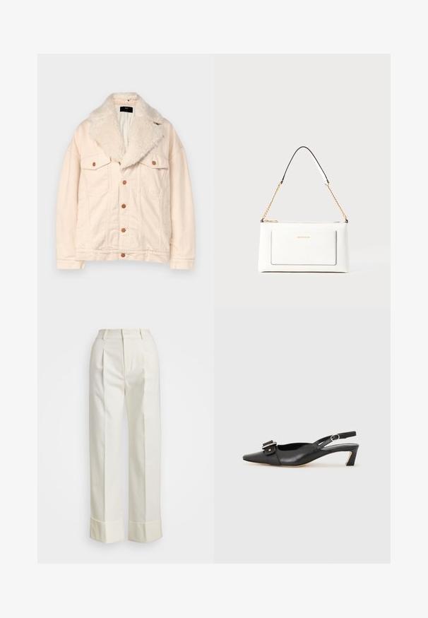 Beige denimjack met een faux fur kraag, twee borstzakken en bruine knoppen. De textuur is zacht met een relaxte pasvorm en een gladde afwerking.; Korte mouwen gebreide trui in crème met zwarte geribbelde kraag en manchetten. Heeft een geborduurd logo aan de onderzijde aan de linkerzijde.; Witte, op maat gemaakte broek met een hoge taille, dubbele voorplooien en brede pijpen met omgeslagen manchet. Gemaakt van een gladde, gestructureerde stof.; Zwarte leren slingback schoen met scherpe neus, kleine hak en decoratieve gespdetails op de bovenkant. Stijlvolle textuur, minimalistisch ontwerp.; Witte leren handtas met een textuurafwerking, voorzien van een gouden schouderhengsel en zwarte accenten. Inclusief een voorvak en ritssluiting.