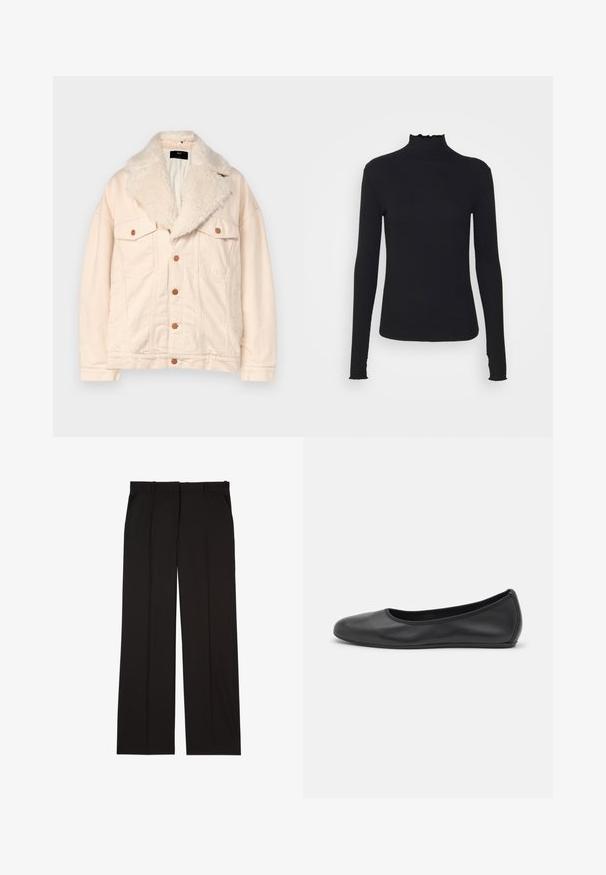 Beige džínsová bunda s límcem z umělé kožešiny, dvěma kapsami na hrudi a hnědými knoflíky. Textura je měkká, má volný střih a hladký povrch.; Černý dlouhý rukáv rolák vyrobený z hladkého materiálu, s volánkovým límcem a přiléhavým střihem s jednoduchými okraji.; Černé elegantní kalhoty na míru vyrobené z hladké látky, s rovnými nohavicemi a dvěma postranními kapsami. Elegantní a minimalistická konstrukce.; Černé kožené baletní byty s kulatou špičkou, hladkou texturou, minimálními švy a flexibilním designem podrážky.