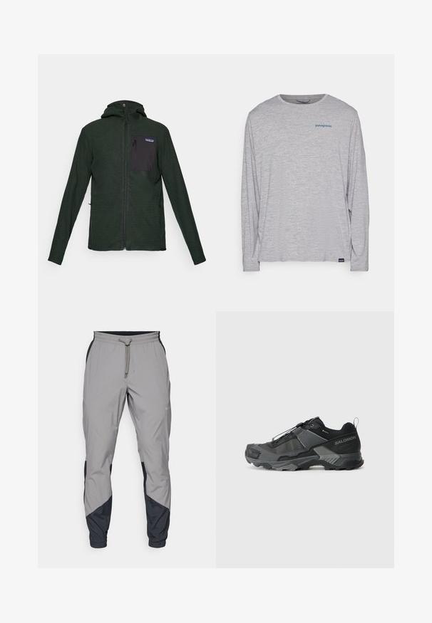 Casaco verde texturizado com fecho éclair à frente, capuz e um bolso preto no peito. Apresenta mangas longas e um design ajustado.; T-shirt de mangas longas cinza claro, feito de um tecido suave e texturizado. Apresenta um decote redondo e um pequeno logotipo azul da Patagonia no peito.; Calças de treino leves e cinzentas com detalhes pretos. Cintura elástica, fecho com cordão, design de perna afunilada e bolsos laterais.; Sapato de trail running preto com parte superior de malha durável, biqueira reforçada, sola de borracha texturizada e sistema de amarração elástico para um ajuste seguro.