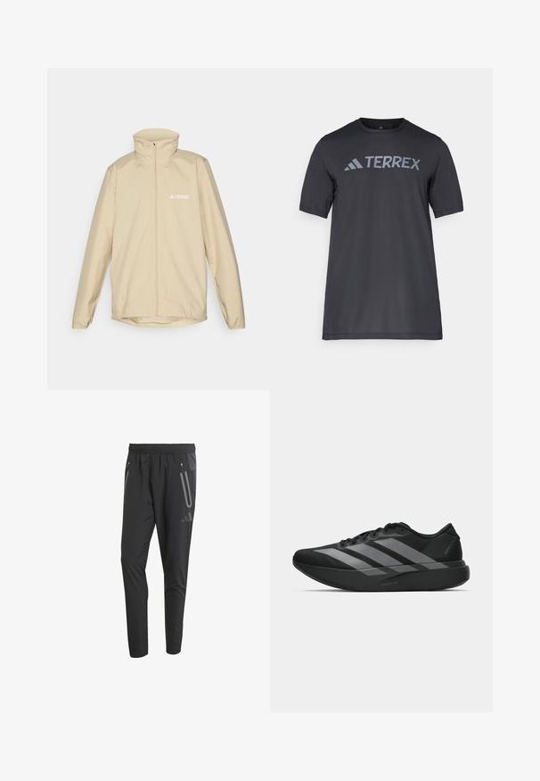 Bež jakna zlahka teža z visokim ovratnikom, celotnim zadrgo spredaj in elastičnimi manšetami; ima majhno belo logotip na levem prsnem delu.; Črna majica s kratkimi rokavi iz lahkega materiala, ki ima odtisnjen svetlo sivi logotip "TERREX" čez prsi in okrogel izrez.; Črne atletske hlače z elastičnim pasom, dvema žepoma na zadrgo, ožjim fitom in odsevnimi detajli spredaj.; Crne atletske čevlje z lahkotno zasnovo, ki imajo tri izrazite sive črte, gladko teksturo in oblikovano podplat.
