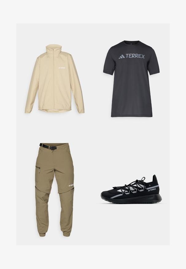 Giacca leggera beige con colletto alto, chiusura zip completa e polsini elasticizzati; presenta un piccolo logo bianco sul lato sinistro del petto.; T-shirt nero a maniche corte realizzato in tessuto leggero, con il logo "TERREX" grigio chiaro sul petto e colletto tondo.; Pantaloni da esterno khaki con cintura nera regolabile, tasche con zip, polsini affusolati e gambe inferiori staccabili per uno stile versatile.; Scarpa da ginnastica nera con tomaia in rete, dettagli riflettenti, lacci elastici e suola in gomma testurizzata. Presenta un design elegante per le prestazioni.