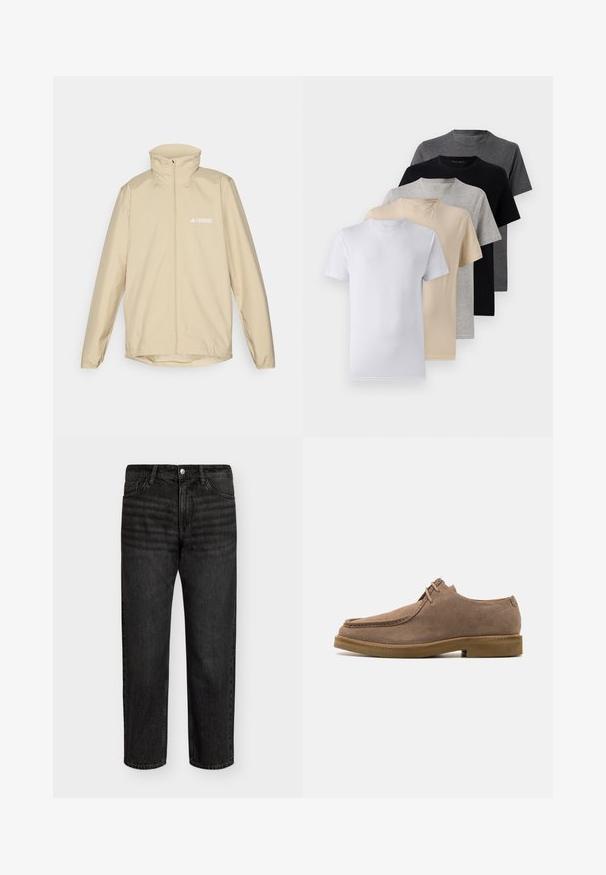 Chaqueta ligera beige con un alto cuello, cierre completo frontal y puños elásticos; presenta un pequeño logo blanco en el lado izquierdo del pecho.; Conjunto de cinco camisetas de manga corta en blanco, beige, gris claro, gris oscuro y negro. Hechas de algodón suave, con un diseño de cuello redondo.; Jeans de mezclilla negra con corte recto, con una cintura de altura media, cinco bolsillos y cierre de botón de metal. Textura suave con un ligero desgastado.; Zign LEATHER - Zapatos con cordones - taupe