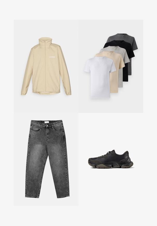 Beige lightweight jacket with a high collar, full zip front, and elastic cuffs; features a small white logo on the left chest.; Set of five short-sleeve t-shirts in white, beige, light gray, dark gray, and black. Made of smooth cotton, featuring crew neck design.; Black washed straight-leg jeans with front and back pockets, belt loops, and a button closure at the waist.; Black athletic sneaker with textured sole, leather and suede upper, padded collar, and lace-up closure, shown in side profile.