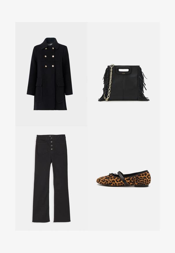 Melna vilnas mēteli ar iegrieztu apkakli, dubultā pogu aizdare ar zeltītām pogām, divi kabatu ieliktņi un taisna griezuma. Gluda tekstūra, minimālisma dizains.; Jūras spēku ribots polo krekls ar norādītu apkakli, īsām piedurknēm un divām priekšējām kabatām ar pogām; uzsvērts ar baltām šuvēm.; Melnas denim bikses ar platām kājām, augsto jostasvietu, piecu kabatu dizainu un priekšējo pogu aizdari, kas sastāv no četrām metāla pogām.; Leoparda raksta baleta kurpes ar melniem akcentiem, ar noapaļu purngalu, līdzenu zoli un dekoratīvu loku priekšā. Mīksta tekstūra.; Melna ādas rokassoma ar frizūras detaļām, zelta ķēdes plecu siksnu un izgrieztu rokturi. Ir logotipa novietojums priekšpusē.