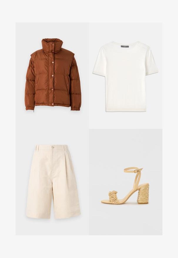 WEEKEND MaxMara BAIARDO - Daunenjacke - cuoio; Weißes kurzärmliges Strickoberteil mit rundem Halsausschnitt, das eine glatte Textur und subtile Rippakzente an den Ärmeln und dem Saum aufweist.; Beige Leinen-Shorts mit lockerer Passform, ausgestattet mit einem Knopfverschluss, gefaltetem Design und knielangem Schnitt. Glatte Textur und schlichter Stil.; Beige High-Heel-Sandale mit geflochtener Textur, dekorativer Blume und Knöchelriemen. Der quadratische Absatz sorgt für Stabilität.