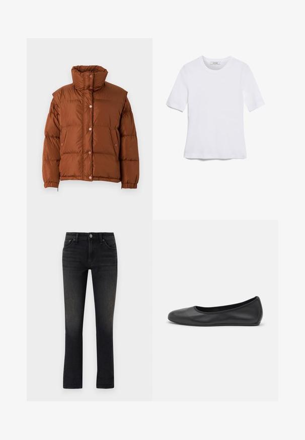 WEEKEND MaxMara BAIARDO - Daunenjacke - cuoio; Weißes kurzärmliges T-Shirt aus geripptem Stoff. Runder Halsausschnitt, normale Passform und dezente Nähte. Keine Muster oder Grafiken.; rag & bone DRE LOW RISE BOYFRIEND - Jeans Slim Fit - cornelia; Schwarze Leder-Ballettschuhe mit abgerundeter Spitze, glatter Textur, minimalen Nähdetails und einem flexiblen Sohlen-Design.