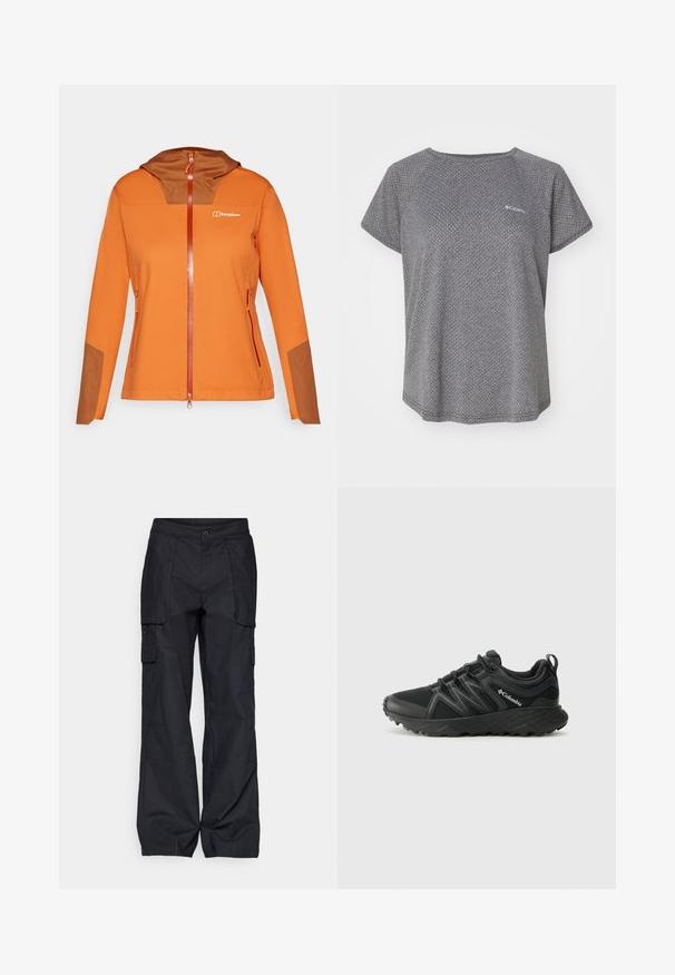 Casaco softshell laranja com um interior do capuz em castanho, fecho de correr total, bolsos laterais e detalhes contrastantes em castanho nas mangas.; Camisa cinza de manga curta com um padrão texturizado subtil, decote redondo e logótipo da Columbia no peito. Tecido suave, ajuste descontraído.; Columbia BREA FALLS™ COTTON RIPSTOP PANT - Calças para exterior - black; Columbia PEAKFREAK - Sapatos de caminhada - black