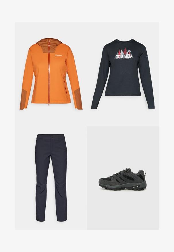 Orangene Softshell-Jacke mit braunem Kapuzeneinsatz, durchgehendem Reißverschluss, Seitentaschen und kontrastierenden braunen Akzenten an den Ärmeln.; Dunkelgraues Langarmshirt mit einem Grafikdesign von roten Bäumen und Bergen; das "COLUMBIA"-Logo in fett weißer Schrift. Weicher Stoff, klassischer Rundhalsausschnitt.; Marineblaue Hose aus glattem Stoff mit einem vorderen Knopfverschluss, schlankem Schnitt und gefalteten Details an den Knien.; Columbia REDMOND - Hikingschuh - black/citron haze