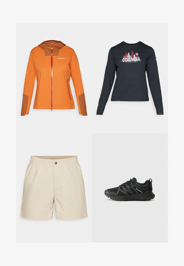 Jachetă softshell portocalie cu inserție de glugă maro, închidere cu fermoar pe toată lungimea, buzunare laterale și accente maro contrastante pe mâneci.; Cămașă cu mâneci lungi de culoare gri închis, cu un grafic de copaci roșii și munți; logo-ul "COLUMBIA" în text alb îngroșat. Material moale, guler standard de tip crew.; Pantaloni scurți bej dintr-un material ușor, cu un tiv elastic, buzunare frontale și o închidere cu un singur buton, având o textură netedă.; Columbia PEAKFREAK - Pantofi drumeție - black