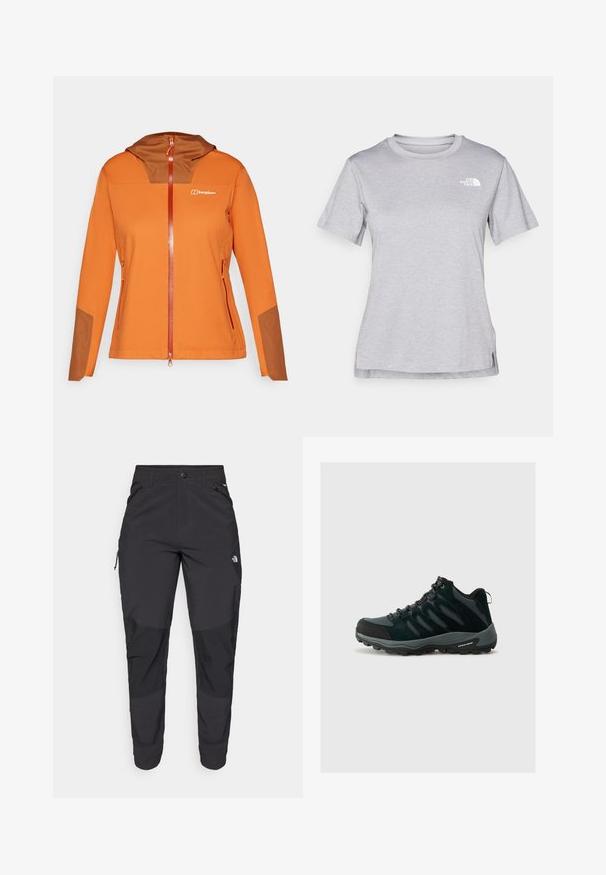 Oranje softshell jack met een bruine capuchoninzet, volledige ritssluiting, zijzakken en contrasterende bruine accenten op de mouwen.; Grijze T-shirt met korte mouwen, gemaakt van zachte, vochtabsorberende stof. Heeft een ronde hals en een klein wit logo op de bovenste linkerzijde.; Zwarte outdoorbroek gemaakt van duurzaam materiaal. Voorzien van ritszakken, versterkte knieën en een rechte snit voor optimale bewegingsvrijheid.; Columbia REDMOND - Outdoorschoenen - black/citron haze