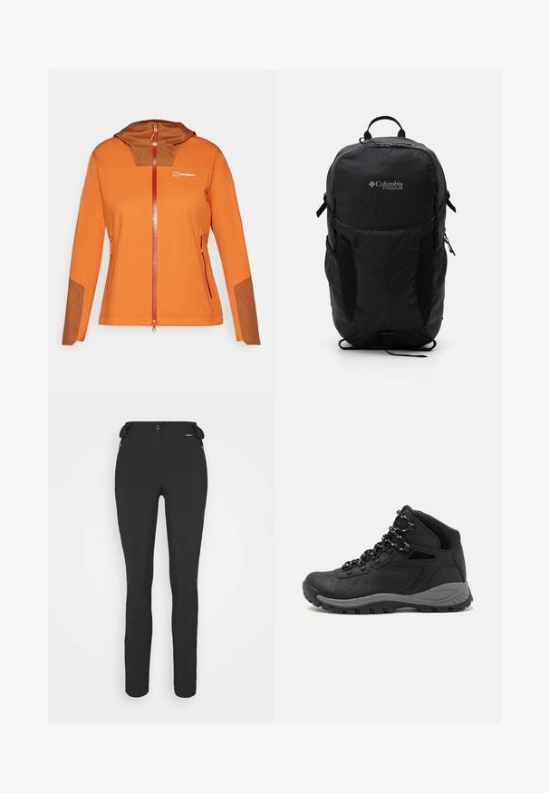 Orange softshell jakke med en brun hætteindsats, fuld lynlås lukning, sidelommer og kontrasterende brune detaljer på ærmerne.; Grå kortærmet T-shirt lavet af blødt, fugttransporterende materiale. Har en rund hals og et lille hvidt logo øverst til venstre.; Sorte, tætsiddende bukser lavet af et fleksibelt materiale. Funktioner inkluderer en lynlåslomme i siden, artikulerede knæ og en glat tekstur.; Sort vandrestøvle med en mellem-højde design, der har en tekstureret overdel, grå detaljer og en holdbar gummisål med skridsikre klodser.; Sort Columbia Titanium rygsæk med en glat stoftekstur, sidelommer, bærehåndtag og justerbare stropper. Minimalistisk design med diskret branding.