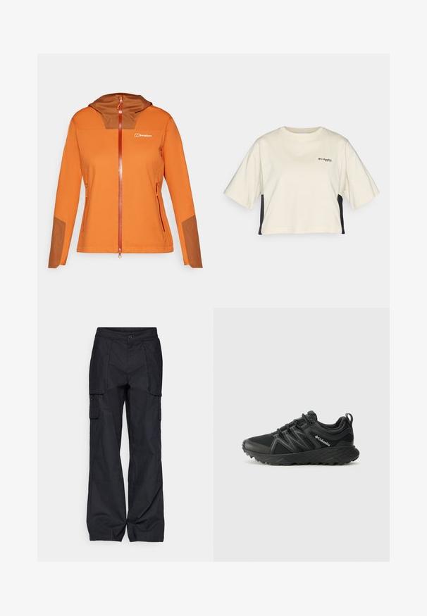 Oranje softshell jack met een bruine capuchoninzet, volledige ritssluiting, zijzakken en contrasterende bruine accenten op de mouwen.; Crème kleurige cropped t-shirt met een ronde hals, korte mouwen en zwarte zijkanten; heeft een klein zwart logo op de borst.; Columbia BREA FALLS™ COTTON RIPSTOP PANT - Outdoorbroeken - black; Columbia PEAKFREAK - Outdoorschoenen - black