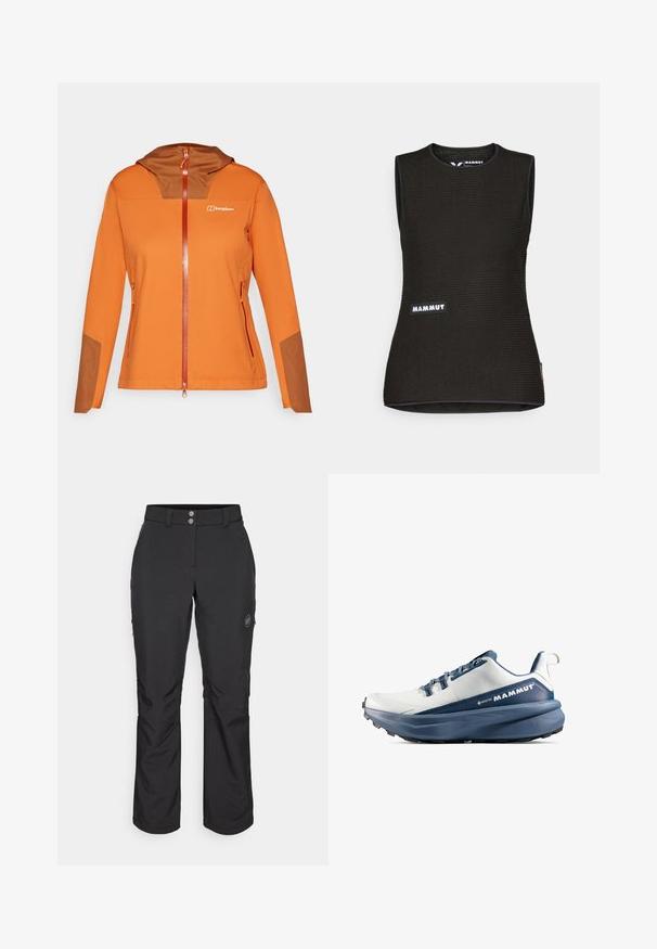 Orange softshell jakke med en brun hætteindsats, fuld lynlås lukning, sidelommer og kontrasterende brune detaljer på ærmerne.; Sort ærmeløs skjorte med et tekstureret mønster, der har en rund halsudskæring og et "MAMMUT" logo på forsiden. Fremstillet af åndbart materiale.; Sorte udendørsbukser med lige snit, der har knaplukning, lynlåslommer i siderne og et logo-patch på venstre lår.; Herre vandresko lavet af letvægts, vandtæt materiale. Grå overdel, blå detaljer, tyk polstring og struktureret sort gummisål.