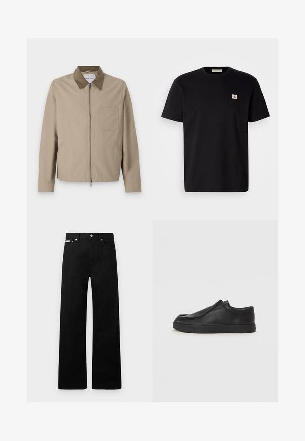 Beige jakke med en brun ruskinds krave, lynlås foran, to sidelommer og en brystlomme. Glat tekstur og moderne design.; Sort bomulds T-shirt med korte ærmer, rund halsudskæring og et lille broderet logo på venstre bryst. Glat tekstur, almindelig pasform.; Sorte denimbukser med bred ben-design, der har fem lommer og metallisk knapdetalje. Glat tekstur, uden synlige mønstre.; Sorte læderslippersko med en rund tå, stikninger og sort gummisål. Glat tekstur med minimalistisk design.