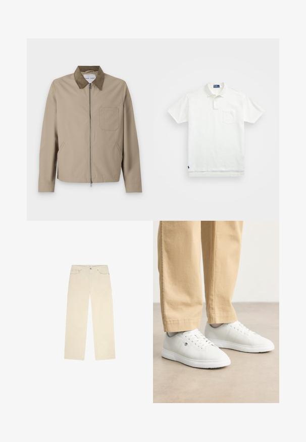 Beżowa kurtka z brązowym zamszowym kołnierzem, zamek błyskawiczny z przodu, dwie kieszenie boczne i kieszeń na klatce piersiowej. Gładka struktura i nowoczesny design.; Biała koszulka polo wykonana z bawełny, z klasycznym kołnierzykiem, trzema guzikami oraz kieszonką na lewym piersi; małe logo na dolnym brzegu.; Beżowe spodnie w korduroy z prostą nogawką, z dwoma przednimi kieszeniami i delikatnym prążkowanym wzorem. Dodane akcenty z metalowymi elementami.; Białe skórzane sneakersy o gładkim wykończeniu, z okrągłym noskiem, sznurowanym designem i subtelnym logo po boku, w połączeniu z beżowymi spodniami.
